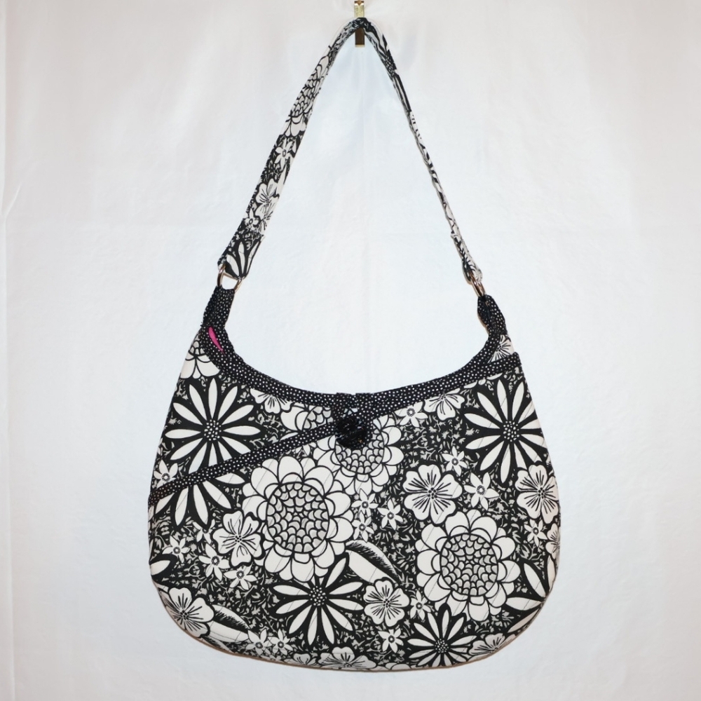 Handmade Black & White Quilted Floral Shoulder Bag with Hot Pink Interior.